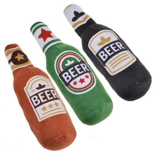 Dog Plush Toys Pet Squeaky Printed Beer Bottle Shape Toy Dog Bite-Resistant Clean Teeth Chew Toy Pet Supplies Interactive Toys